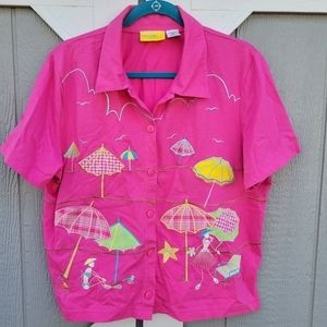 Onque Casuals Women's Button Up Embroidered Top Sz L